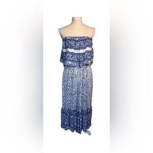 Chelsea Taylor Wide-Leg Strapless Jumpsuit – Size M Blue & White Print